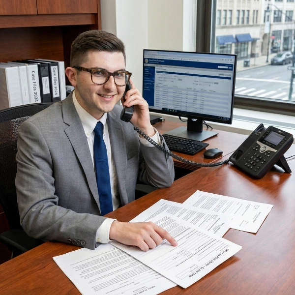 Professional man on phone at an office desk.